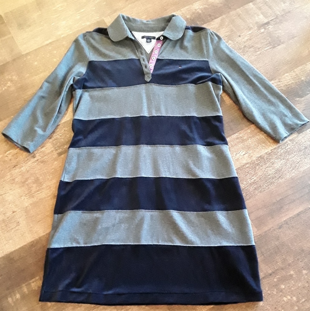 Tommy Hilfiger Striped Polo Dress Gray Blue Size M 3/4 Sleeve